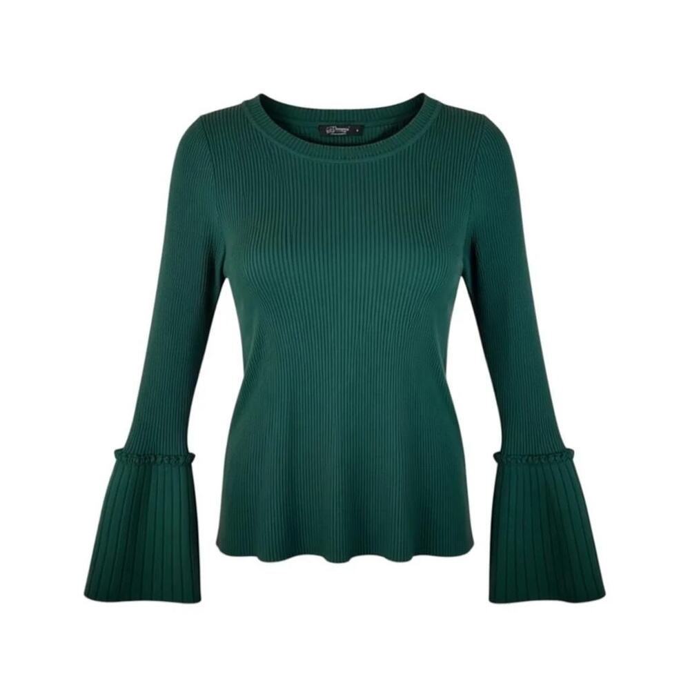 Special One Women’s Sweater XL Green Ribbed Knit Crewneck Ruffle Flounce Cuff